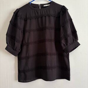Grace Karin Black Puff Sleeve Boxy Blouse - Medium - Crochet Lace Detail